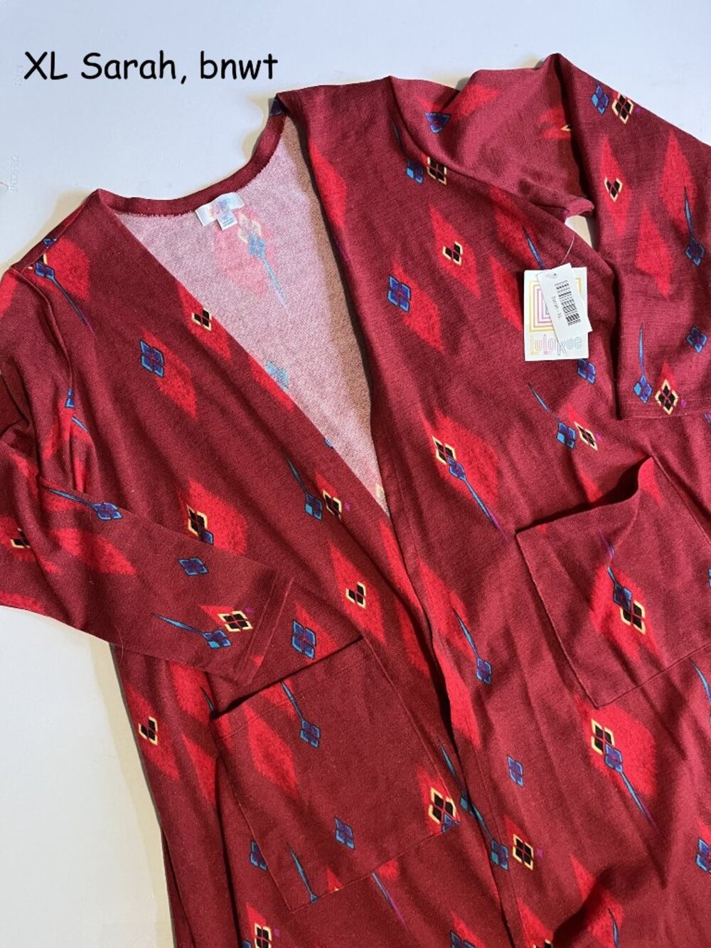 XL Lularoe Sarah long cardigan sweater, red with harlequin diamonds